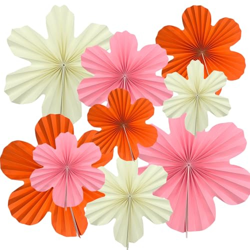 Zueyen Papierblumen-Dekorationen für Wand, Papier-Party-Dekorationen, Papierblumen-Hintergrund, Papierfächer, Party-Dekorationen, zum Aufhängen (Orange, Rosa, Cremefarben), 9 Stück