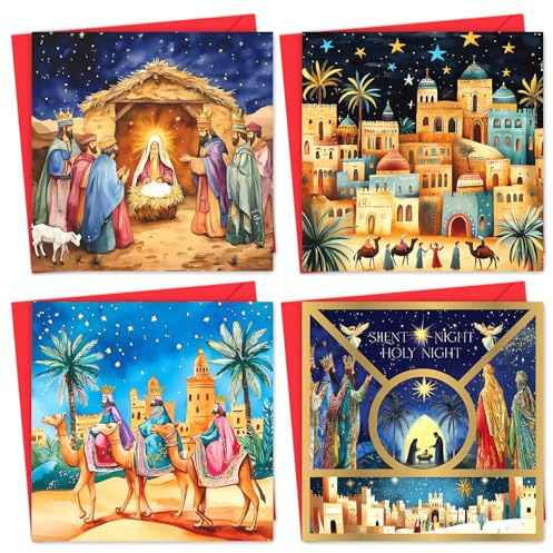Confezione da 16 biglietti di Natale di beneficenza 2024 con buste, biglietti di Natale religiosi di lusso, confezione multipla, con 4 presepi unici (125 x 125 mm), biglietti di auguri per familiari e