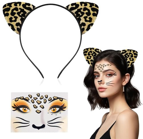 IWTBNOA Leoparden Kostüm Set, 2 Stück Leoparden Kostüm Damen, Leopard Ohren Haarreif, Leopard Gesichtstattoo, Tier kostüm Damen für Karneval Halloween Motto Cosplay