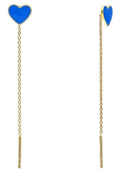 Aka Gioielli® - Pendientes Colgantes con Cadena y Corazón Azul en Plata de Ley 925 Dorados, Pendientes de Hilo Largos para Mujer y Chica