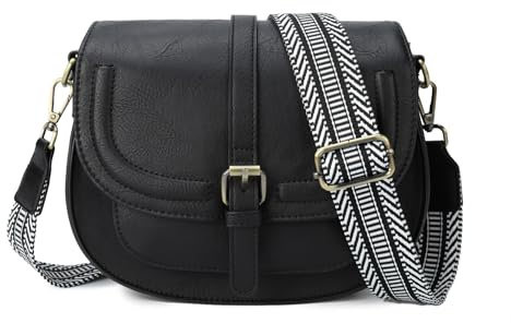 AFKOMST Umhängetasche für Damen Kleiner Beutel und Schultertasche Vintage Sattel Handtaschen Veganes Leder, Schwarz / Wellen, 23,5 x 9,5 x 18 cm