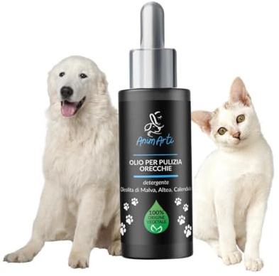 AnimArtì Soluzione Pulizia Orecchie Cane - 100% Origine Vegetale - Oleolita di Malva, Altea e Calendula. Made in Italy - Olio Pulisci Orecchie - Dosatore contagocce 30ml