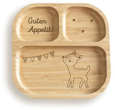 hellomini Babyteller mit Saugnapf – Individueller Kinderteller aus hochwertigem Bambusholz – Geschenk zur Geburt & Taufe – BPA-frei (Reh - ohne Name, Nur Teller)