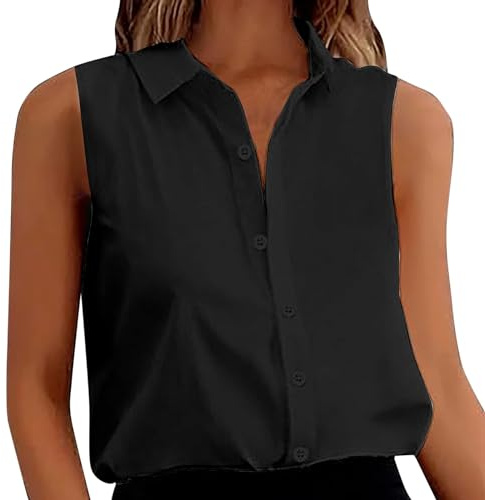 2025 - Chemises boutonnées sans manches pour femme, chemisiers, solides, décontractées, débardeurs amples avec col en V pour le travail - Blouses pour femmes, Noir , XXL