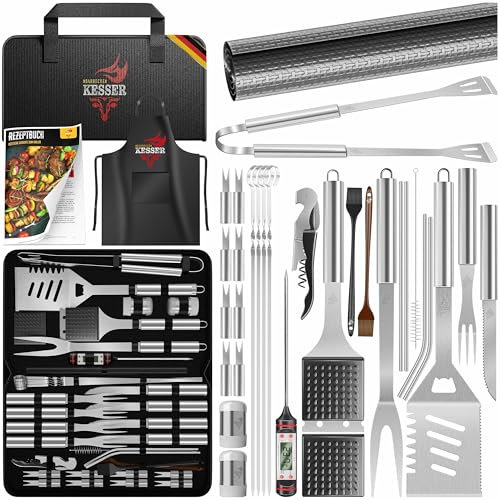 KESSER® Set di posate per barbecue, 37 pezzi, accessori per barbecue in acciaio inox, con pinza, paletta per barbecue, spatola 4 in 1, forchetta per barbecue, spiedino, termometro, cavatappi,