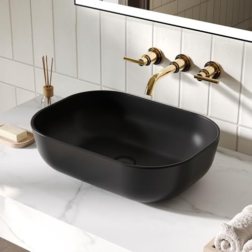 Bathroom Wash Basin, DeerValley Rectangular Countertop Bathroom Sink Bowl, 50 x 40 x 14.5cm Ceramic Vessel Sinks for Bathroom Cloakroom Vanity (Black)