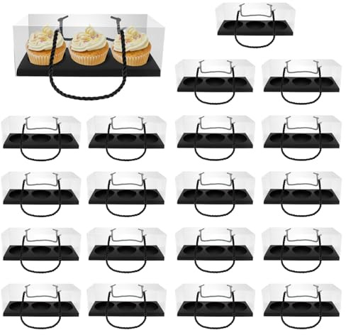 KTCINA 20Pcs Cupcake Boxes 4 Hole Cake Baking Boxes with Handle, Rectangle Cup Cake Box for Cupcakes Muffins Desserts Bakery Cookie Box for Home Baking, Party, Wedding, Christmas(Black)