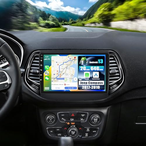 SIXWIN 2+64G Android 13 Autoradio pour Jeep Compass 2017-2019 avec Carplay/Android Auto/Mirrorlink, écran Tactile capacitif 9 Pouces avec WiFi GPS Bluetooth FM/RDS EQ+Caméra de recul
