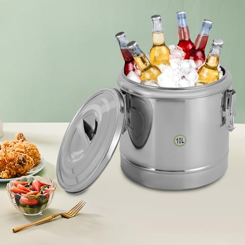 Donened - Contenitore termico da 10 l, secchio isolato in acciaio inox, thermos commerciale con coperchio e maniglie, chiusura a tensione, mantiene le bevande fredde e calde per 12 ore