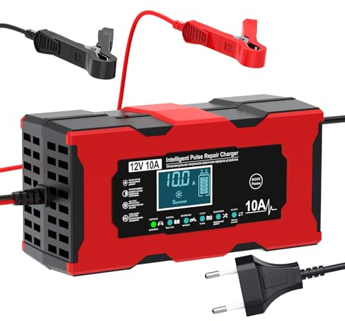 VELOGK Caricabatterie Auto, 10A 12V Mantenitore Batteria Moto Intelligente Mantenitore di Carica Moto Auto con Schermo LCD Carica Batterie per Auto Moto Barche AGM Caricabatterie veloci