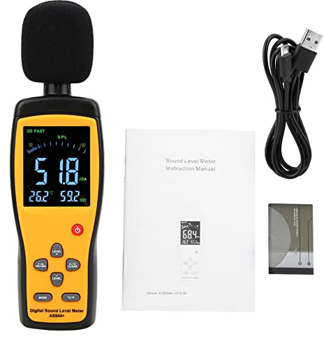 Telituny Schallpegelmesser, AS844+ Digitales Lärmmessgerät 30-130dB, Datenlogger mit USB, A/C Bewertung, Schnell/Langsam Modus, LCD Display, Temperatur & Luftfeuchtigkeit, für Industrie,