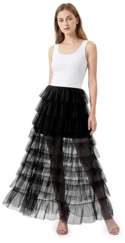 Moonlove Sheer Mesh Layered Tulle Floor Length Maxi Skirt Elegant Tiered Ruffles Tie On Evening Gown Fashion High Slit Formal Dress for Prom Concert Festival Christmas Party Black