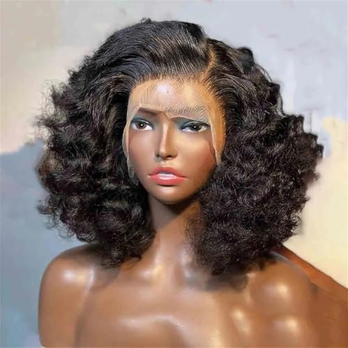 Peluca De Cabello Humano Súper Doble Dibujado Sin Pegamento Suelta Profunda 13X4 Transparente Con Encaje Frontal Bob 360 Lace Front Wig 14 Inch 250 Density