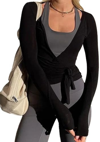 Springcmy Womes Tie Wrap Wrap Sexy Deep V Neck Tie Front Long Sleeve Tops Slim Fit Yoga Ballet Pilates Shirts Workout T Shirts (A Black, S)
