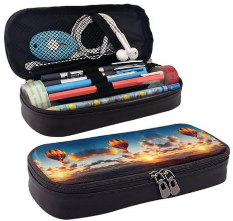 Hot Air Balloon Sunset Premium Leather Flip Pencil Case – Stylish Brown Leather Pencil Bag with Zipper Closure, Multi-Purpose for School, Office, Travel & Cosmetics