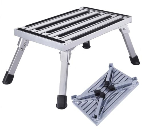 X004 - Sgabello pieghevole per camper, portatile, in lega di alluminio, con piedini in gomma antiscivolo, altezza regolabile per campeggio, autolavaggio, pesca e altro ancora, X004