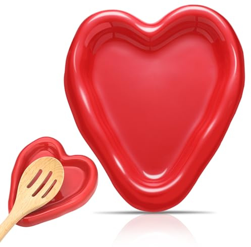 Teenyyou Valentine's Day Ceramic Spoon Rest Red Heart Shaped Spoon Rest Cooking Utensils Holder Dishwasher Safe for Stove Top Decorations Romantic Coffee Stirrers Kitchen Housewarming Gift