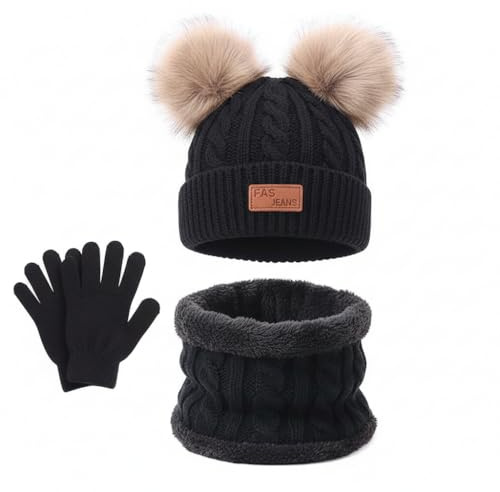Conjunto Accesorios de Invierno 3 Piezas Niños Set, Conjunto de Bufanda Sombrero y Gorro Niño, Gorros con Pompon Lana Niño Braga Cuello Polar y Guantes de Punto Cálidos para Niñas y Niños (Negro)