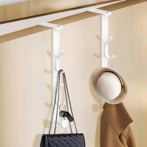 RoyalChic 2 Stück Türhaken zum Einhängen, Verstellbare Breite bis 1,2-6,2cm | x 5 Haken Türgarderobe, Vertikaler Kleiderhaken Tür, Stabil, Platzsparende, bis 10kg, Kratzschutz, für Bad/Flur/Küche (Weiß)