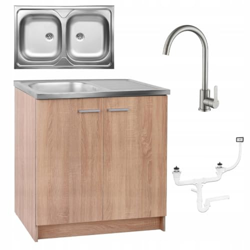 Spülenschrank Küchenschrank 80 cm Sonoma 2-Becken Spüle Armatur Hoch Chrom XXL Standschrank 46cm Tiefe Siphon Geschirrspüler Komplett Montagefertig