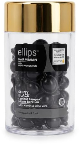 Ellips Sérum Capillaire Vitamine pour Cheveux Noirs Brillants - Protection Chaleur - Huile du Maroc, Kémiri & Aloe Vera - 50 Capsules x 1ml