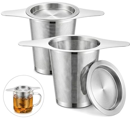 VBK Filtre à Thé 2 Pièces, Infuseur Thé en Acier Inoxydable 304 avec Couvercle et Deux Poignées Latérales – Maille Fine pour Tasse et Théière, une Préparation Propre