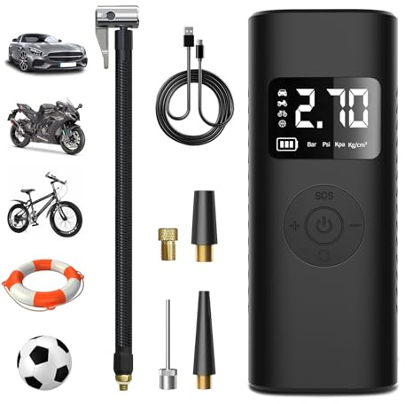 Junsun Compresor Aire Portátil 150PSI & Power Bank, 7800mAh Inflador Ruedas Coche con Pantalla LCD y Linterna SOS, Bomba Aire Bicicletas, Scooters, Moto, Pelotas