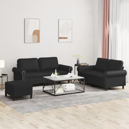 Augerqir 3 TLG Sofagarnitur mit Kissen Schwarz Kunstleder, Couch Polstergarnitur mit Ottomane, Armlehne und Rückenlehne, platzsparend für Wohnzimmer, Gästezimmer, Jugendzimmer und Büro