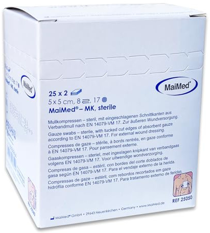 MaiMed Sterile Kompressen 5x5 cm – 50 Stück Mullkompressen 8-lagig, fusselfrei – Mulltupfer steril & Wundauflagen nicht haftend für Verband & Pflege