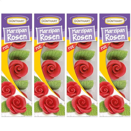 Günthart Marzipan-Rosen rot mit Blättern, 4er Pack (4 x 33 g)