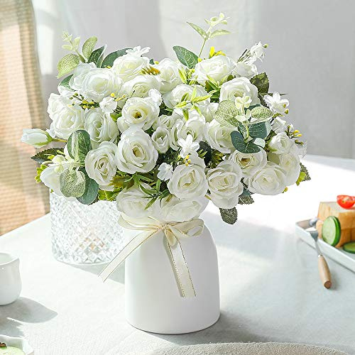 LESING Künstliche Seidenrose mit Vase, Kunstblumen, Hochzeitsblumen, Blumensträuße, Arrangement, Zuhause, Büro, Party, Tafelaufsatz, Tischdekoration (weiß)