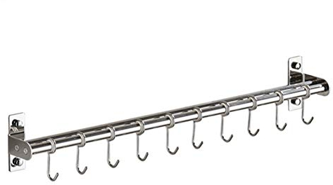 Z·Bling 60CM/10Hooks Crochets Barre Ustensile Cuisine Support Mural Barre Cuisine Porte Ustensile Cintre Patère Tube Barre Serviette Manteau en SUS304 Acier INOX Barre de Suspension pour Cuisin