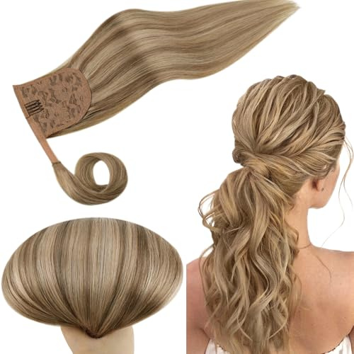 RUNATURE Ponytail Extension Echthaar Braun Highlight Blond 30cm Kurz Menschliches Haar 70g Echthaar Zopf Blond Mit Goldblond Pferdeschwanz Extensions Echthaar #10P16