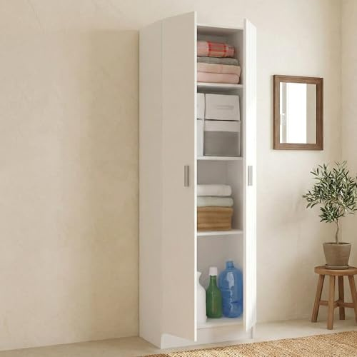Dmora - Armadio multiuso 2 ante Salem, Mobile ausiliario, Porta scarpe con 3 ripiani, Scarpiera alta moderna, 59x37h180 cm, Bianco