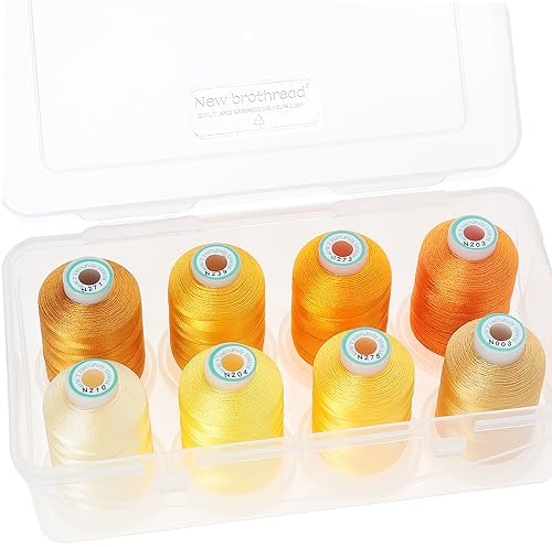 New brothread - 18 Optionen - 8 Schnappen Spulen von 1000m jeder Polyester Maschine Stickgarn mit Klarer Kunststoff Aufbewahrungsbox für Stickerei & Quilten - Different Yellow