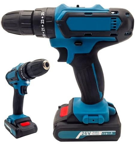 Trapano Avvitatore Elettrico Percussione 26V, Potenza 15W x2 Batterie Litio, Valigetta Accessori, Nero/Blu, per Fai-da-te