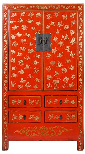 Fine Asianliving Armario de Boda Chino Antiguo Pintado a Mano de Oro Rojo Aprox. An105xP50xAl188cm Armario Chino Mueble de TV Chino Armario de Boda Aparador Cómodas Chinas orientales