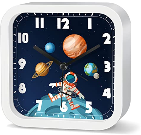 EXQULEG Analoger Wecker für Kinder, Kinderwecker Ohne Ticken, Platz Wecker mit Raketen Astronautmotiv Wecker für Junge Mädchen und Schüler (NZA177 Weiß)