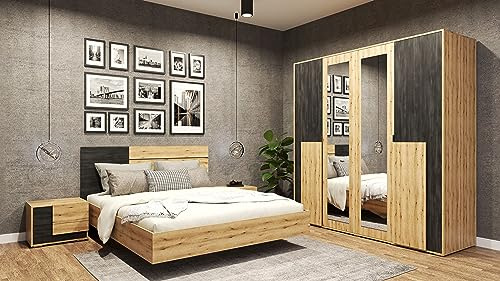 Fabryka Mebli Idźczak Schlafzimmer-Set Bafra Bettgestell - Doppelbett Ehebett mit Fantasy-Matratze - Kleiderschrank mit Spiegel, Nachttisch, Kommode - Artisan Eiche/Schwarze Norwegische Kiefer