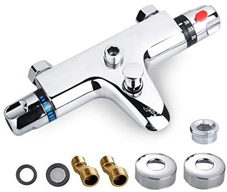 Vinteky Miscelatore doccia termostatico a parete Miscelatore per vasca da bagno termostatico Rubinetto termostatico rubinetto termostato due uscite Cromato Rubinetto miscelatore termostatico per bagno