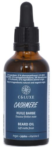 Huile Barbe lissante et protectrice homme Cashmere, aux huiles naturelles : ARGAN BIO, JOJOBA, Vitamine E, douceur, croissance, lissage, hydratation, soin naturel barbe, VEGAN, 99.5% naturels 30 ml,