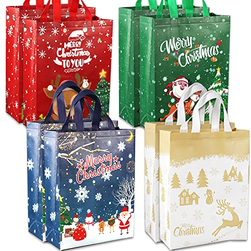 Volsha 8 Pack Christmas Reusable Grocery Bag,Large Tote Bag with Handle, Gift Present Bag, Shopping Bag for Holiday Xmas Event Party