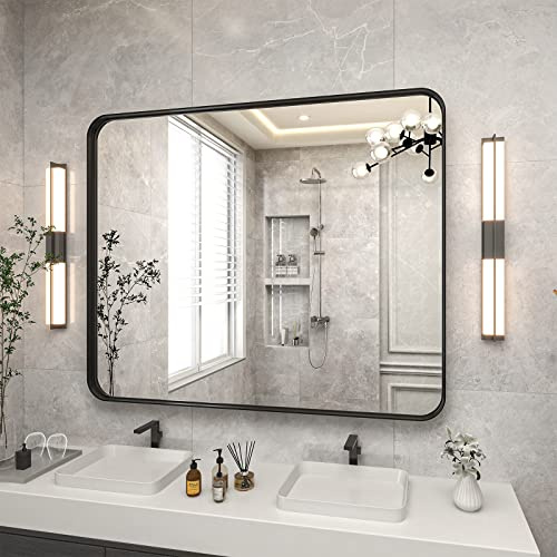 VooBang Bathroom Mirror 30x40 inch, Black Gorgeous Deep Frame Wall Mirror, Modern Round Corner Bathroom Vanity Mirror for Bedroom, Living Room, Hanging or Leaning Horizontal or Vertical, Black