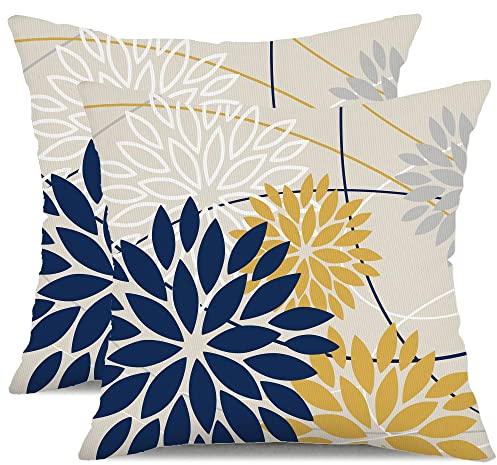 Dahlien-Kissenbezüge, 50.8x50.8 cm, 2er-Set, Marineblau, Gelb, wasserdicht, dekorative Wurfkissen, Sommer, Frühlingsdekoration für Zuhause, Terrasse, Funiture, Garten, Wohnzimmer, Leinen-Kissenbezüge