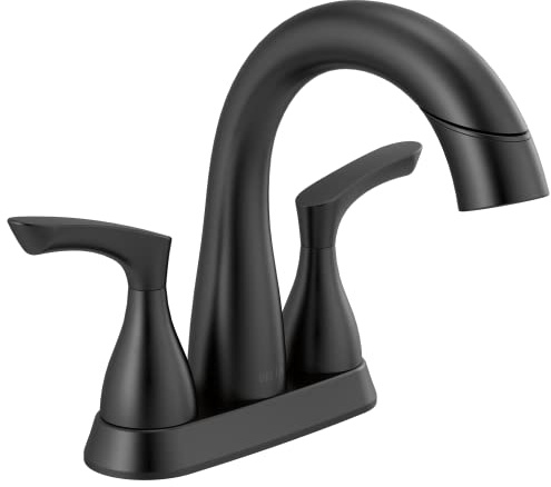 Delta Broadmoor Centerset Matte Black Bathroom Faucet with Sprayer, 4 Inch 3 Hole Bathroom Sink Faucet with Pull Out Sprayer, Push-Pop Drain, Matte Black 25765LF-BLPD