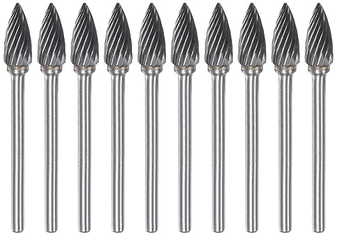 sourcing map 10pcs Carbide Rotary Burrs 1/8 (3mm) Shank 1/4 (6mm) Head Single Cut Pointed G Shape Die Grinder Bits Rasp Files for Hard Metal Wood Stone Polishing Engraving