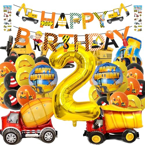 42 Stück Bagger Deko Kindergeburtstag 2 Folienballon und Luftballons Deko 2. Geburtstag Junge Riesige Folienballons Ø30-87cm BAU Party Deko Happy Birthday Banner Girlande Bagger Luftballons Geburtstag