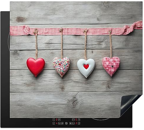 KitchenYeah© Herdabdeckplatte Einteilig Ceranfeld Abdeckplatte für | 60x52 cm - Induktionsschutz Ceranfeldabdeckung Vinyl Herdabdeckplatten Herz - Rot - Rosa - Holz - Liebe