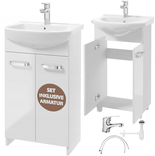 .Deftrans Domodomo Badezimmerschrank mit Waschbecken, 85 x 50 x 40 cm weißer Waschbeckenschrank, Keramik Waschbecken Set, Standschrank für kleines Bad (Weißes 45 cm Set Waschtischbatterie + Siphon)