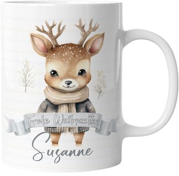 timalo® Tasse personalisiert mit Namen Geschenk „Frohe Weihnachten“ Kaffeetasse Jungen und Mädchen | Reh-4